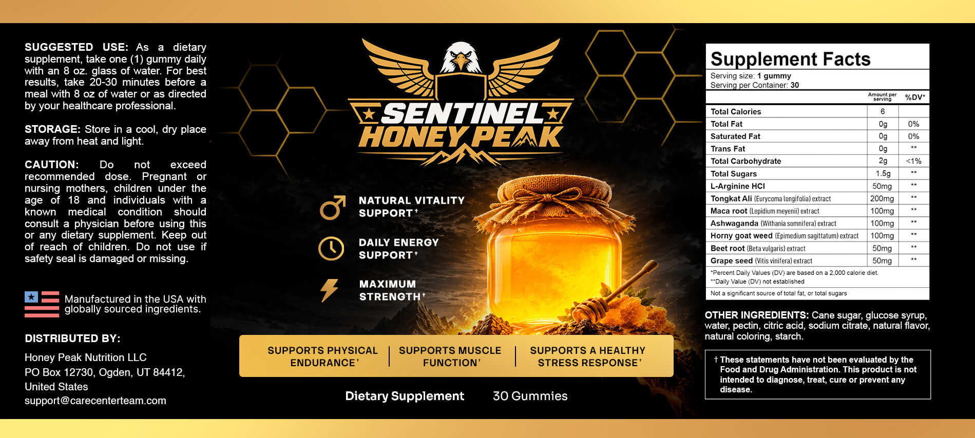 Sentinel Honey Peak label showing suggested use, storage, caution and the facts panel with every ingredient amount